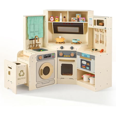 OLAKIDS Corner Kids Kitchen Play Set Toddler Wooden Pretend Toy Cooking Set with Range Hood Dishwasher Trash Bin Light Sound Stove Storage Cabinet Realistic Play Kitchen Gift for Boys Girls