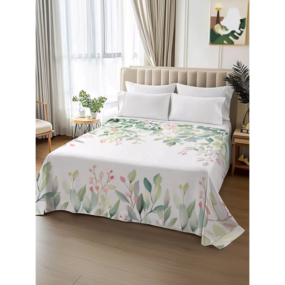 King Size Flat Sheet Only,Spring Green Gradient Leaves Soft Top Bed Sheets Breathable Bedding Sheet Watercolor Leaf on White Microfiber Hotel Luxury Top Sheets
