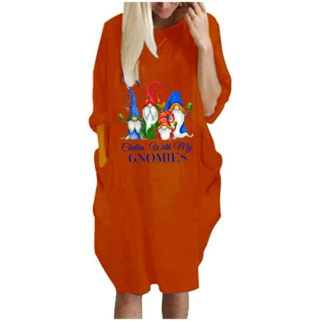 

Plus Size Dress for Women Casual Round Neck Pullover Shirt with Pocket Solid Color Dress