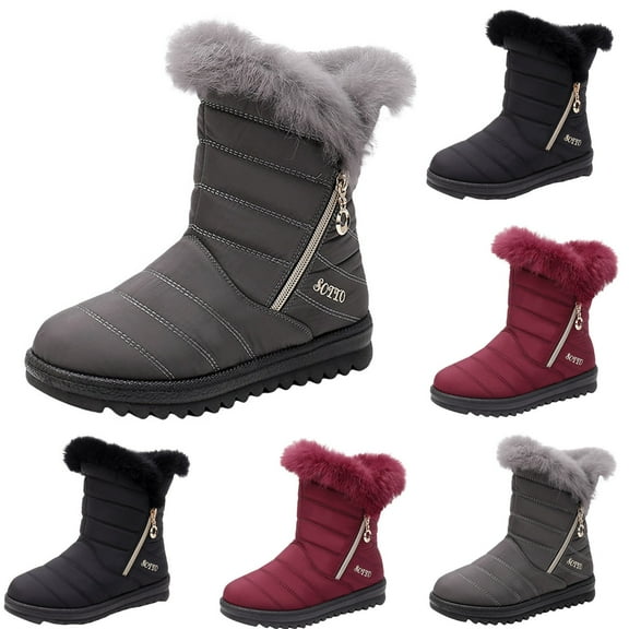 Hinvhai Womens Winter Snow Boots ,Warm Fur Lined Zipper Ankle Booties Comfortable Outdoor Waterproof Non Slip Boots for Women Wine 8.5(41)