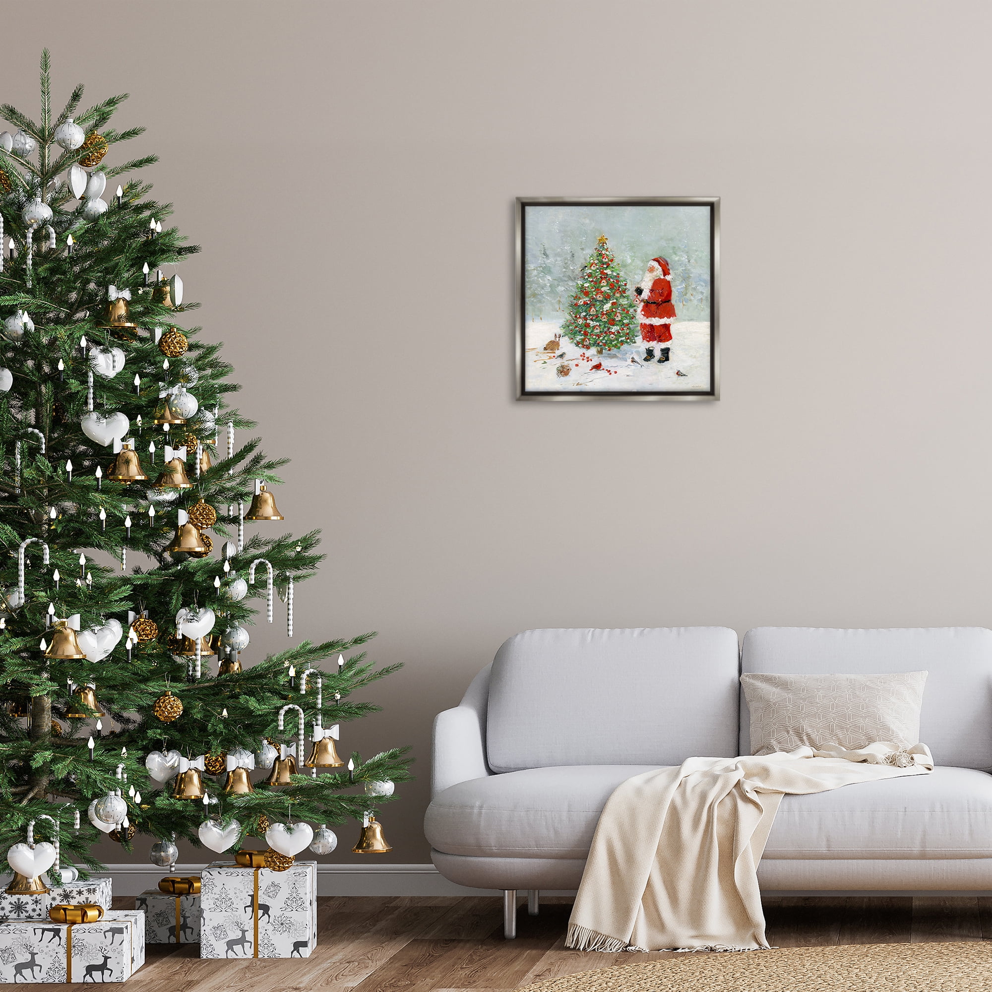 Stupell Industries Santa with Birdhouse Tree Holiday Painting Gray Floater Framed Canvas Art Prints Wall Art, 25 x 25