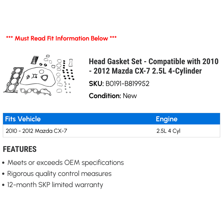 Mazda CX-7 2.5L 4-Cylinder 2010-2012 Head Gasket Set, Durable