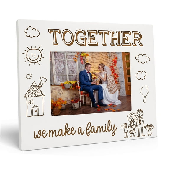Darling Souvenir Made With Love Engraved Table Top Photo Frame Wooden Together We Make Family Quotes White Picture Frame Gift For Brothers Day, 4x6 Inches Horizontal Photo Size