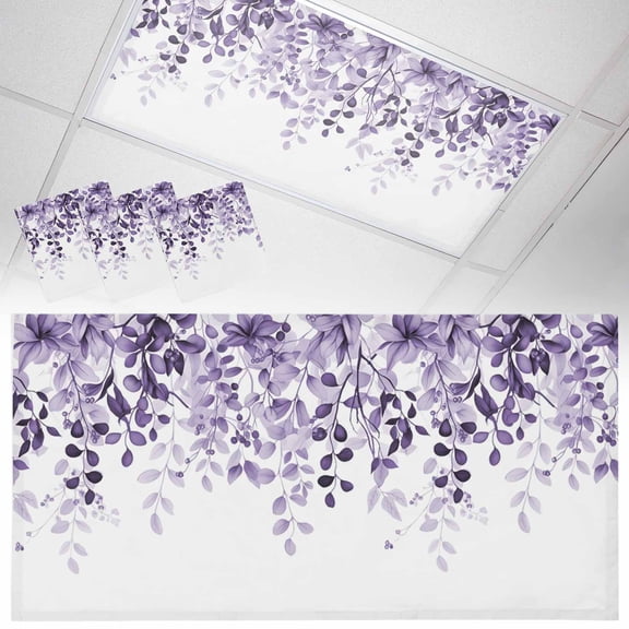 3 Pack Purple Leaf Fluorescent Light Covers for Ceiling Lights Watercolor Eucalyptus Leaves Farmhouses Magnetic Ceiling Light Covers Overhead Light Filters for Office Classroom Home