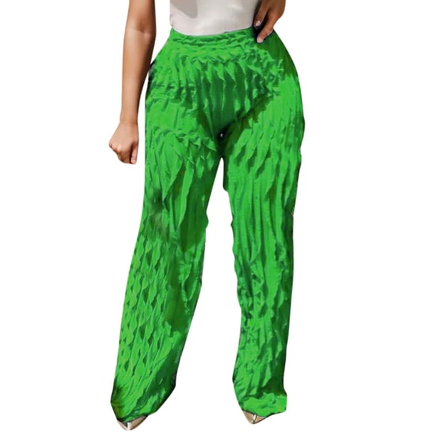 Pantalones de nieve Gibobby mujer cintura alta elásticos volantes pierna ancha malla Color liso verde S