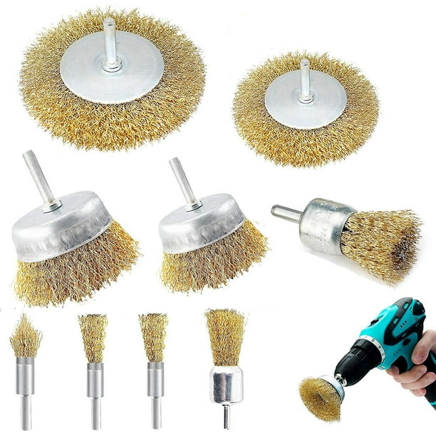 9 cepillos de alambre para metal y madera, cepillo de alambre para taladro de alambre, amoladora circular con vástago de 1/4 de pulgada para limpiar óxido, corrosión y pintura