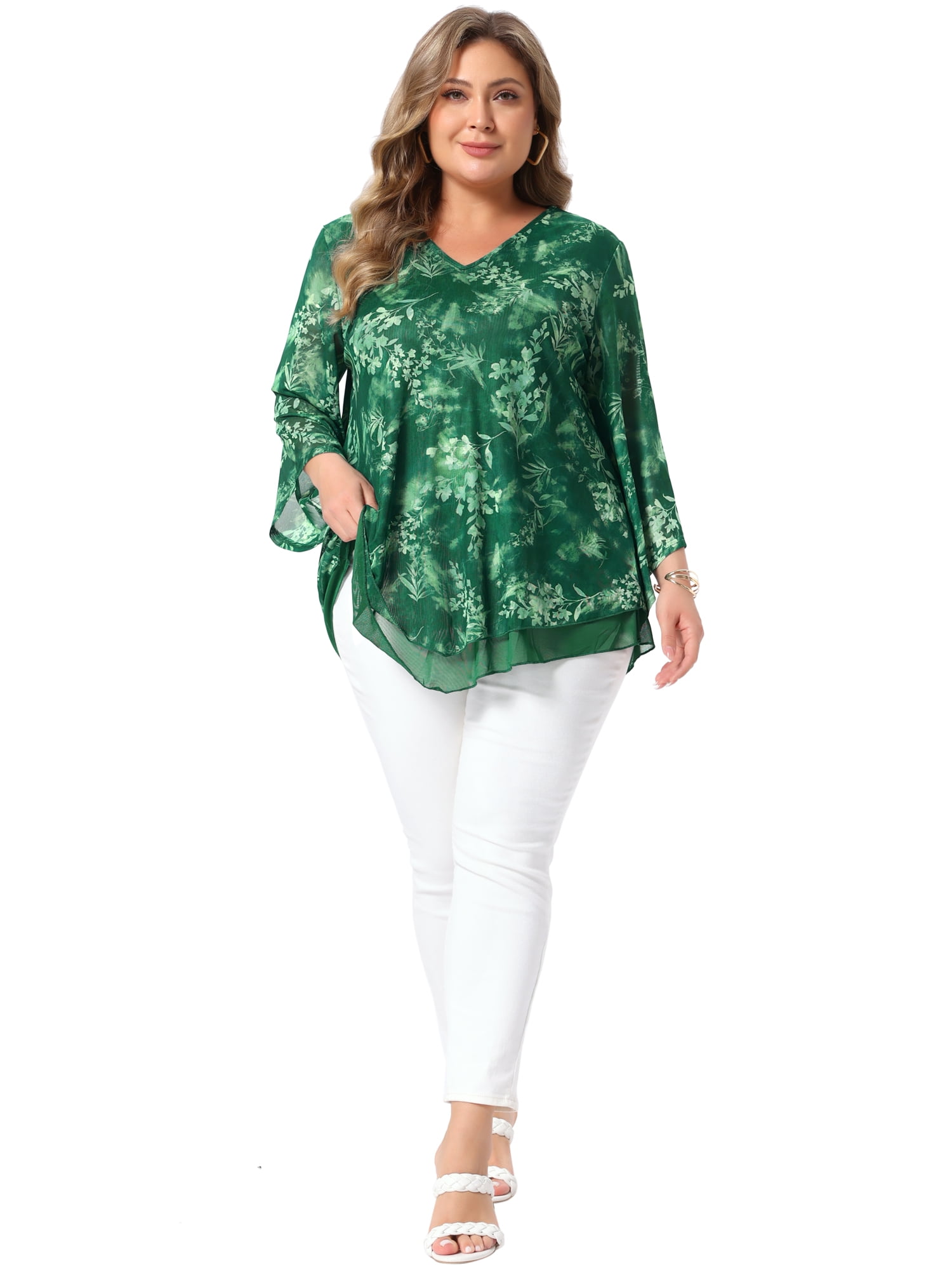 DARING DIVA Women's Plus Women's Dressy Blouse V Neck Mesh Flowy Work Shirts 4X Green
