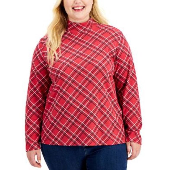 MSRP $15 Karen Scott Plus Size Houndstooth Plaid Mock-Neck Top Red Size 0X