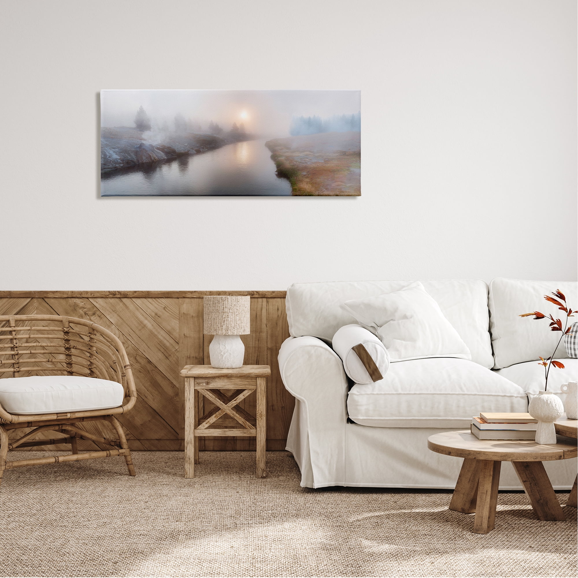 Stupell Industries Foggy River at Dawn Nature Photography Gallery Wrapped Canvas Print Wall Art, 48 x 20