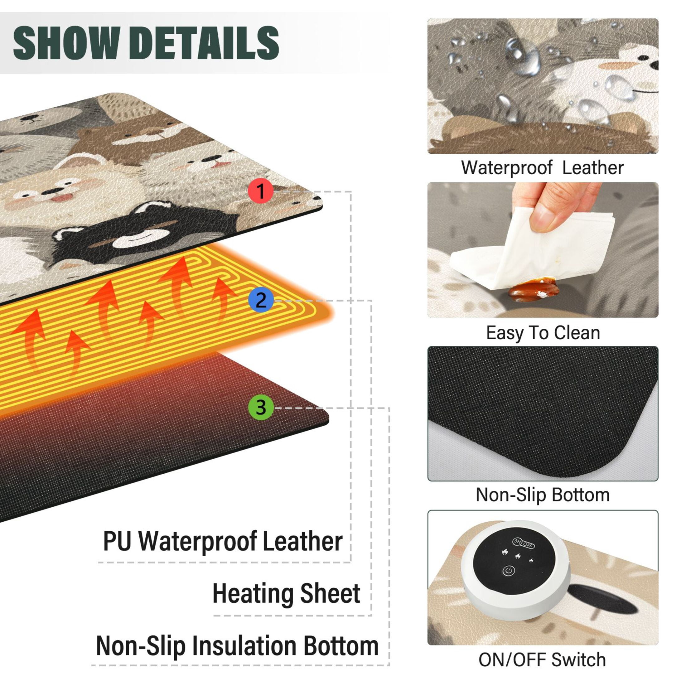 Large Heated Desk Mat Mouse Pad 31.5"x13"PU Leather Graphene Heating Desk Warmer with 3 Temperature Settings 110V US Plug Non-Slip Warm Pad for Home, Office, and Gaming Cute Fluffy Fur Family