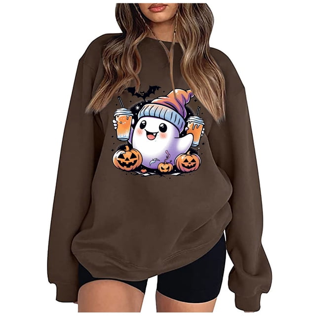 Pisexur Chandail en Molleton d'Halloween pour Femmes en Molleton Ample Automne Orange Manches Longues Col Rond Mode Citrouille Graphique Chandails en Molleton Chandails à Capuchon d'Halloween Chandail