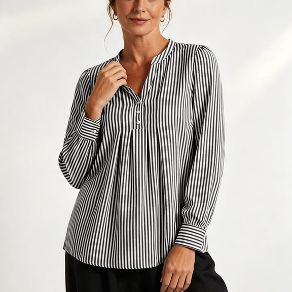 ClodeEU Women's Henley Pleated Front Long Sleeve Blouse,Casual Loose Flowy Shirt Top Black,Women's Plus L