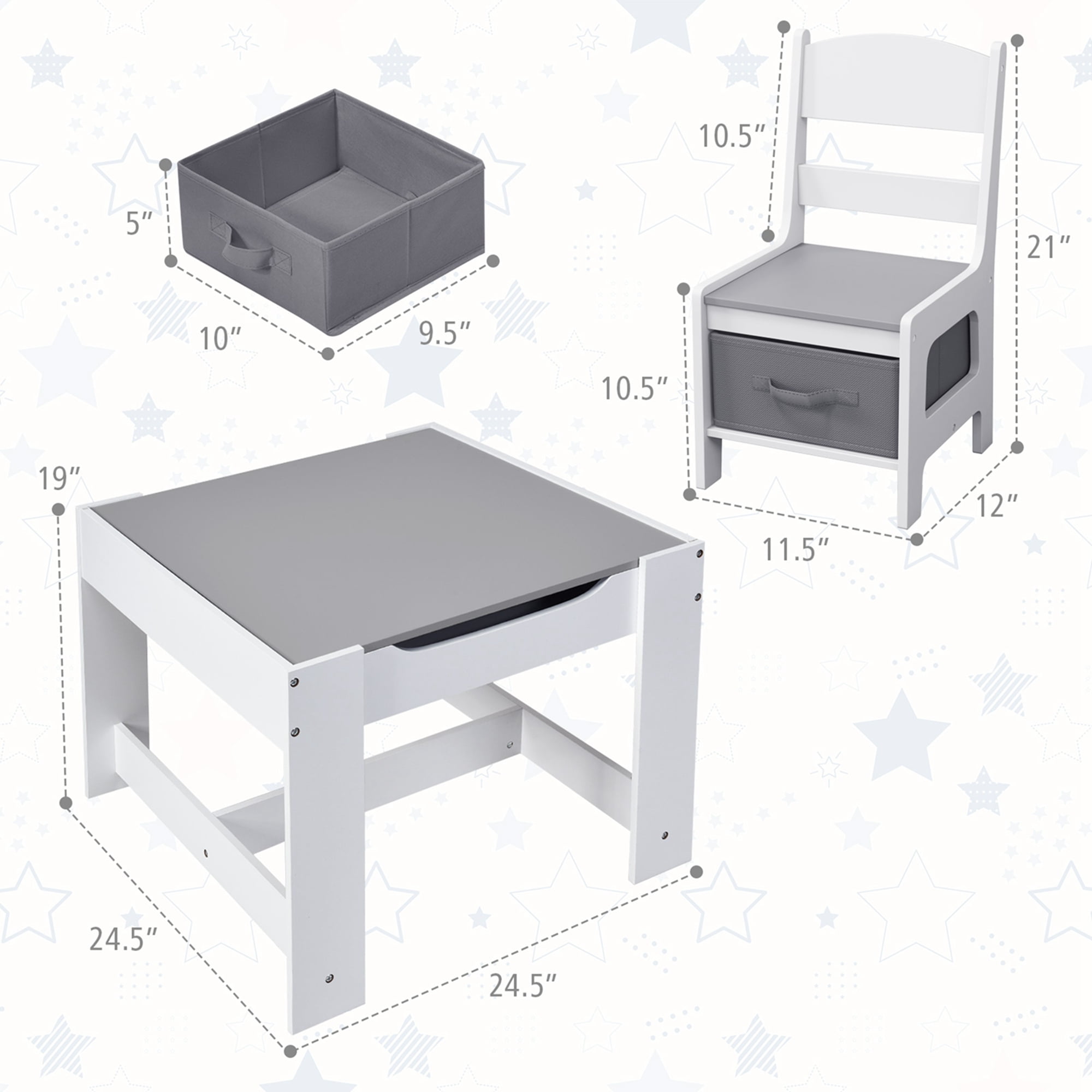 Costway Kids Table Chairs Set With Storage Boxes Blackboard Whiteboard Drawing Grey