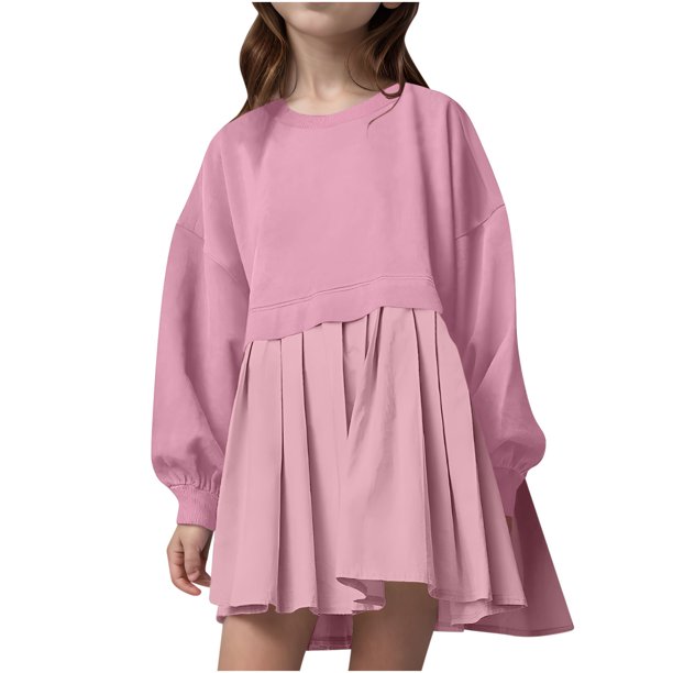Odeerbi 5-14 Años Niñas Sudadera Plisada Vestido Color Sólido Manga Larga Niños Cuello Redondo Mini Vestido