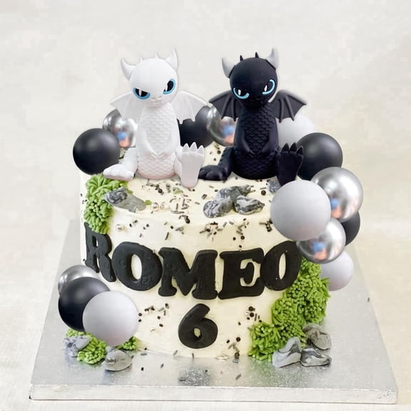 Mythical Dragon Birthday Cake Decor Kit - Custom Name Age, Black White Silver Dino Figurine Kids Party Ornaments