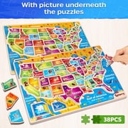SYNARRY Large USA Map Wooden Puzzles for Kids Ages 3-8, FSC Certified Educational Jigsaw Puzzles, Educational Puzzles Games Toys Gifts for Boys Girls