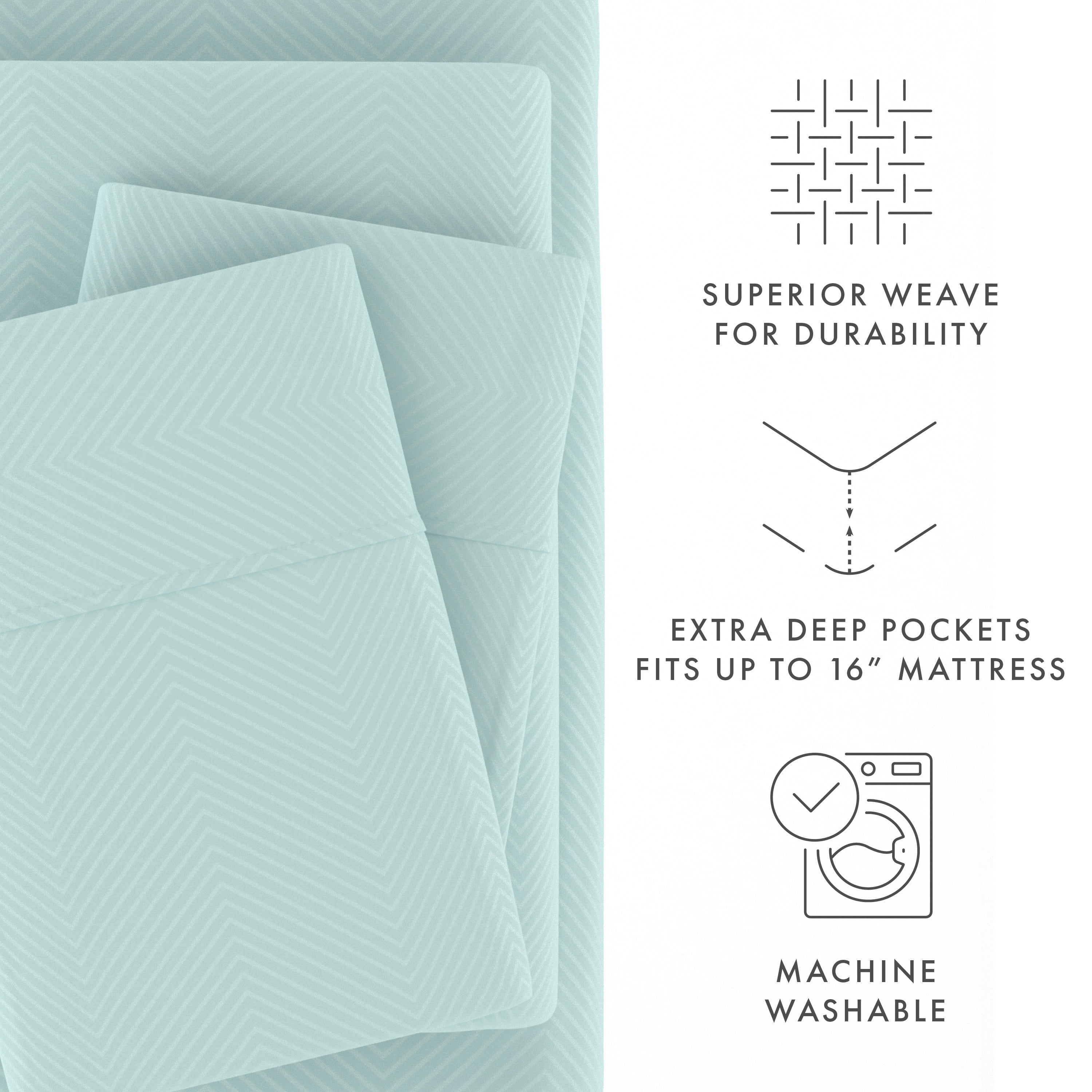 Noble Linens 4 Piece Aqua Chevron Embossed 4 Piece Bed Sheet Set, Twin