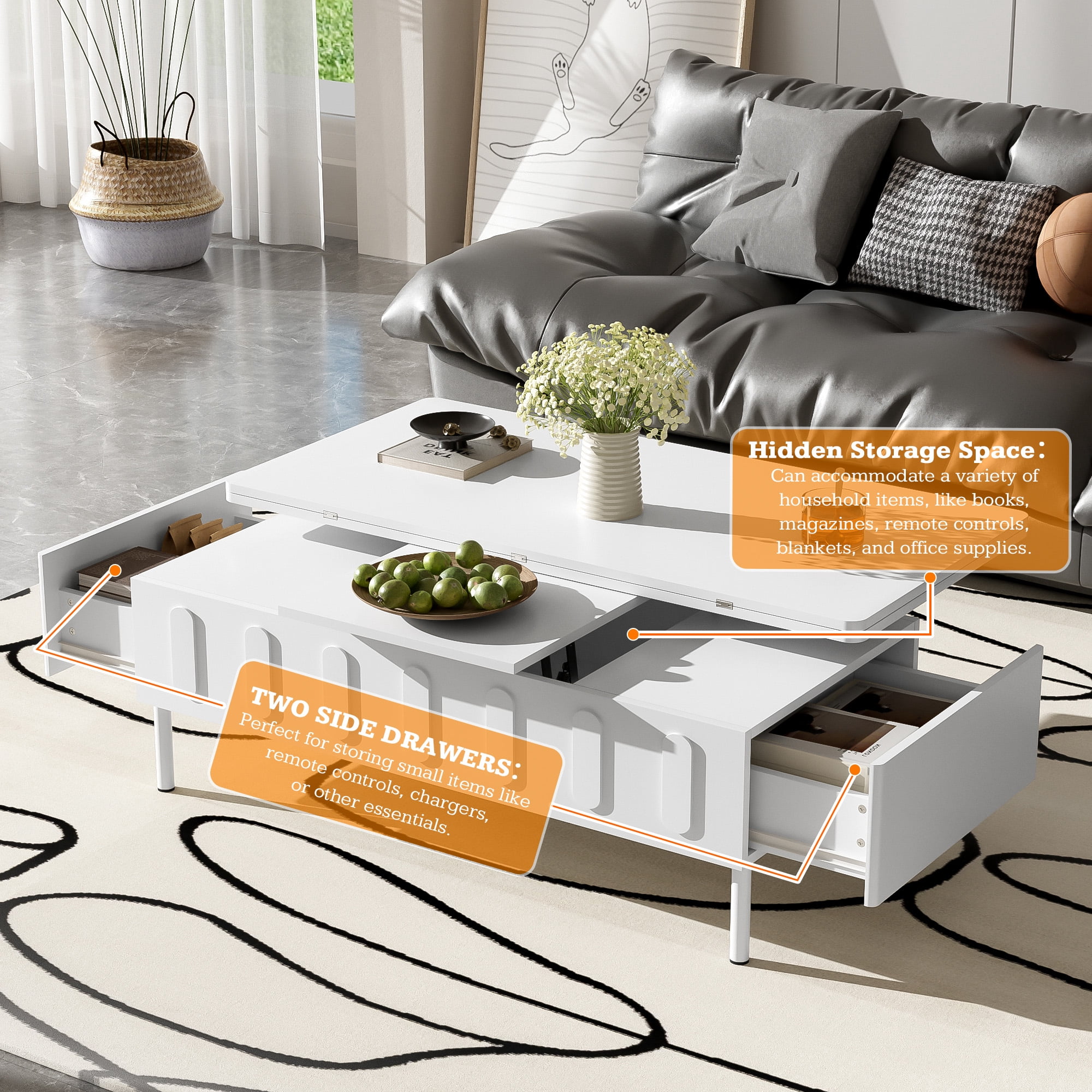 Euroco Modern Lift-Top Convertible Coffee Table – Multifunctional Workstation, Dining & Storage Table for Small Spaces