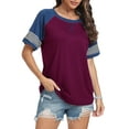 thumbnail image 3 of FIUFY Summer Short Sleeve Tops for Woman Color Block Casual Striped Crew Neck Tunic Tops Purple Red, 3 of 5