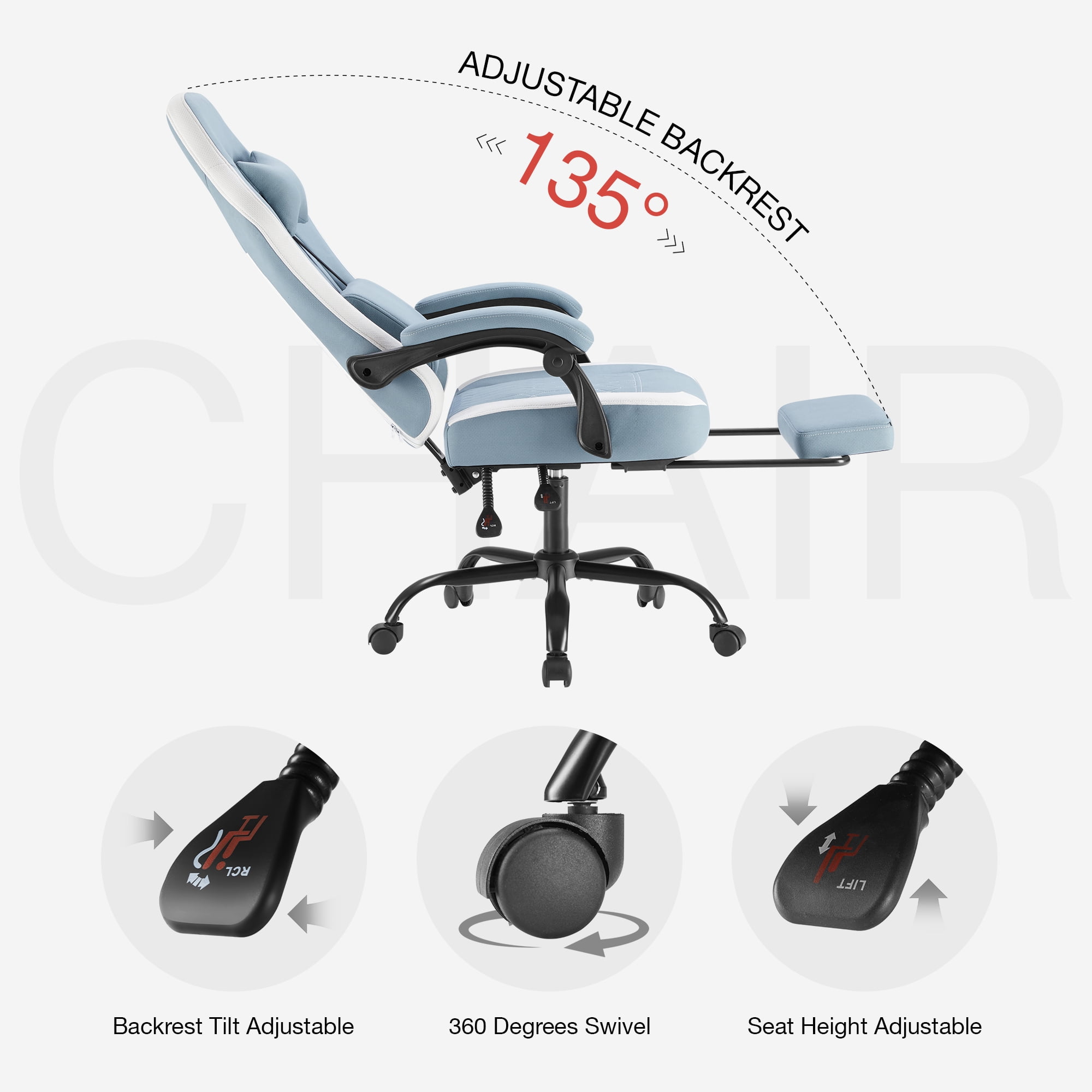 MCQ Computer Gaming Task Chair, High Back Ergonomic with Linkage Armrests, Footrest and Lumbar Support, 360° Swivel Wheels, Blue
