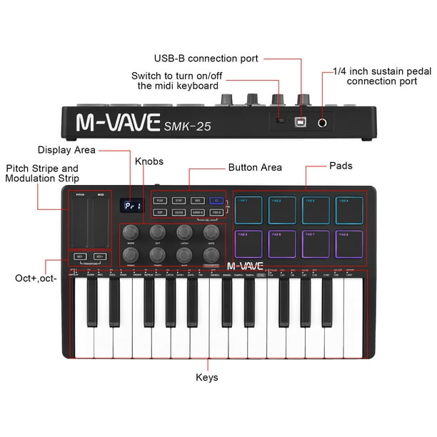 M-WAVE SMK-25 II MIDIキーボード M-WAVE II MIDI Keyboard - 25 Keys, 16 RGB Drum Pads, 8 Knobs