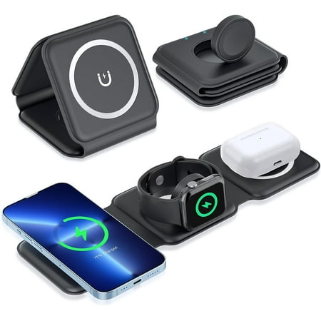 delpattern 3 in 1 Charging Station for iPhone, Magnetic Foldable Wireless Charger for iPhone 14 13 12 11/Pro/XS/XR,AirPods 3/2/Pro, Charger Dock Station for iWatch 7/6/5/4/3/2, Black