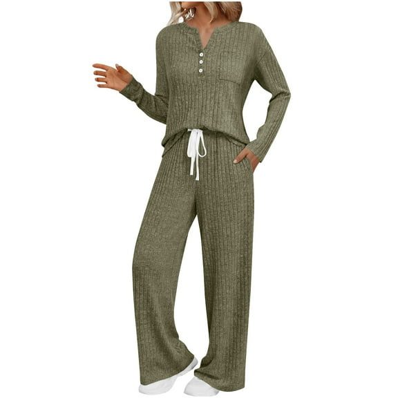 FAIWAD Womens 2 Piece Pajama Sets Ribbed Knit Outfits Long Sleeve Button Up Tops and Pants Pj Sleepwear