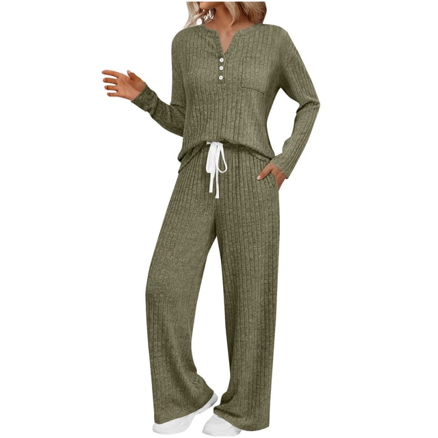 UAMVSH Womens 2 Piece Matching Lounge Sets Textured Long Sleeve Tops and Drawstring Pants Set Comfy Soft Knit Casual Outfits