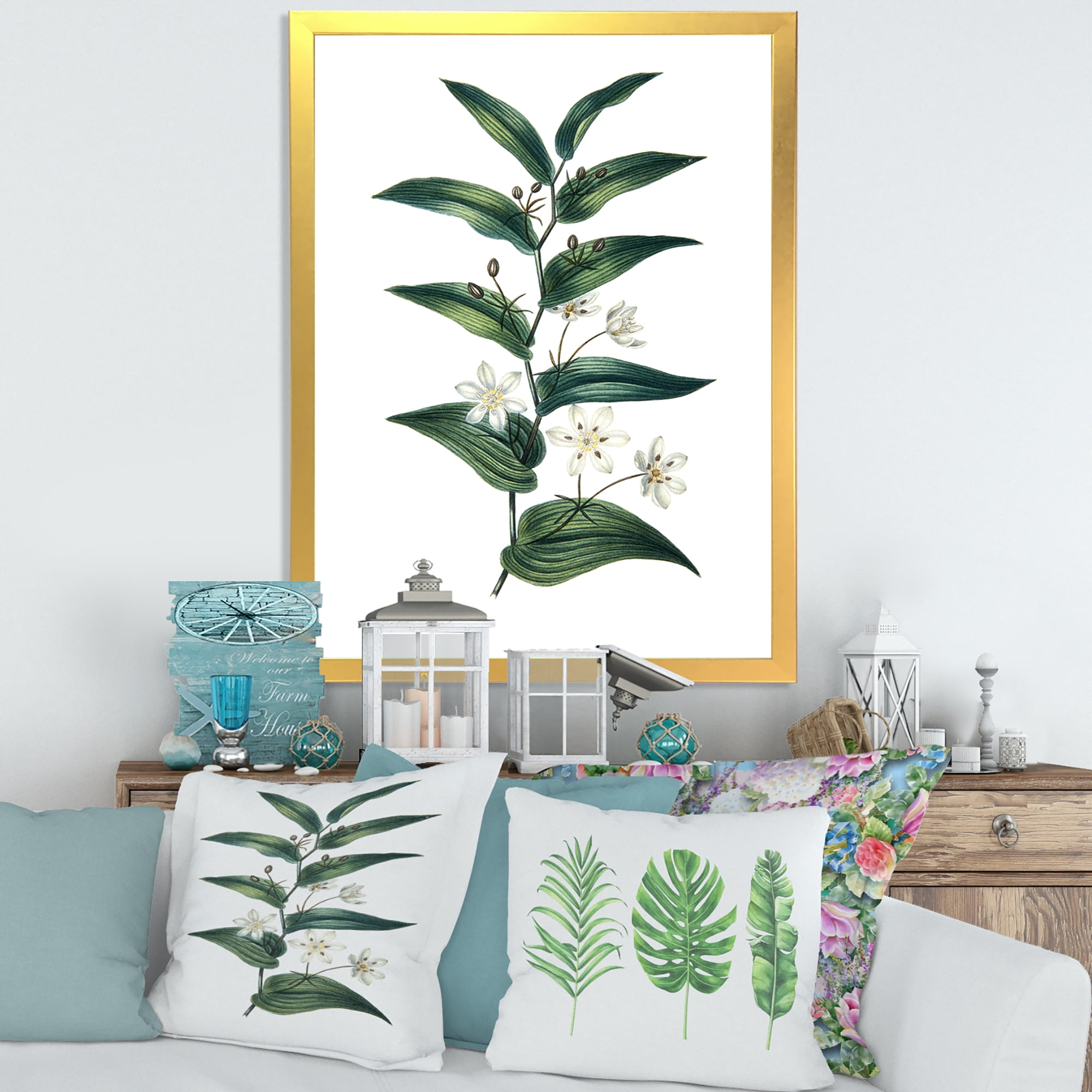 Designart 'Little White Flowers With Ancient Plant' Farmhouse Framed Art Print