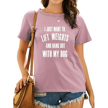 

TWZH Women Hang Out With My Dog Letter Print Short Sleeve T-Shirt
