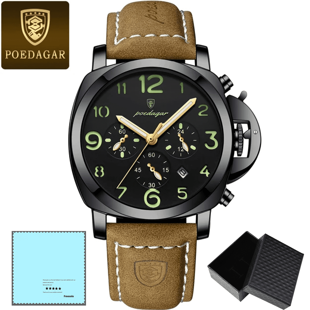 Poedagar Leather Strap Men's Luxury Sports Waterproof Luminous Date Chronograph Quartz Watch