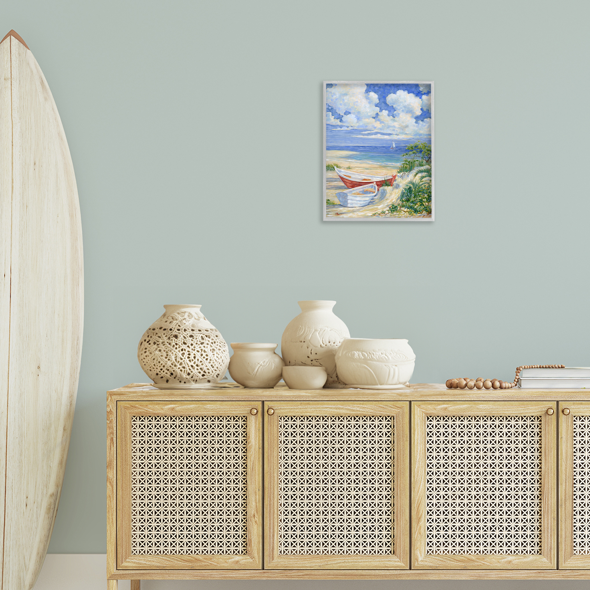 Stupell Industries Two Boats on Sand Transportation Painting Gray Framed Art Print Wall Art, 16 x 20