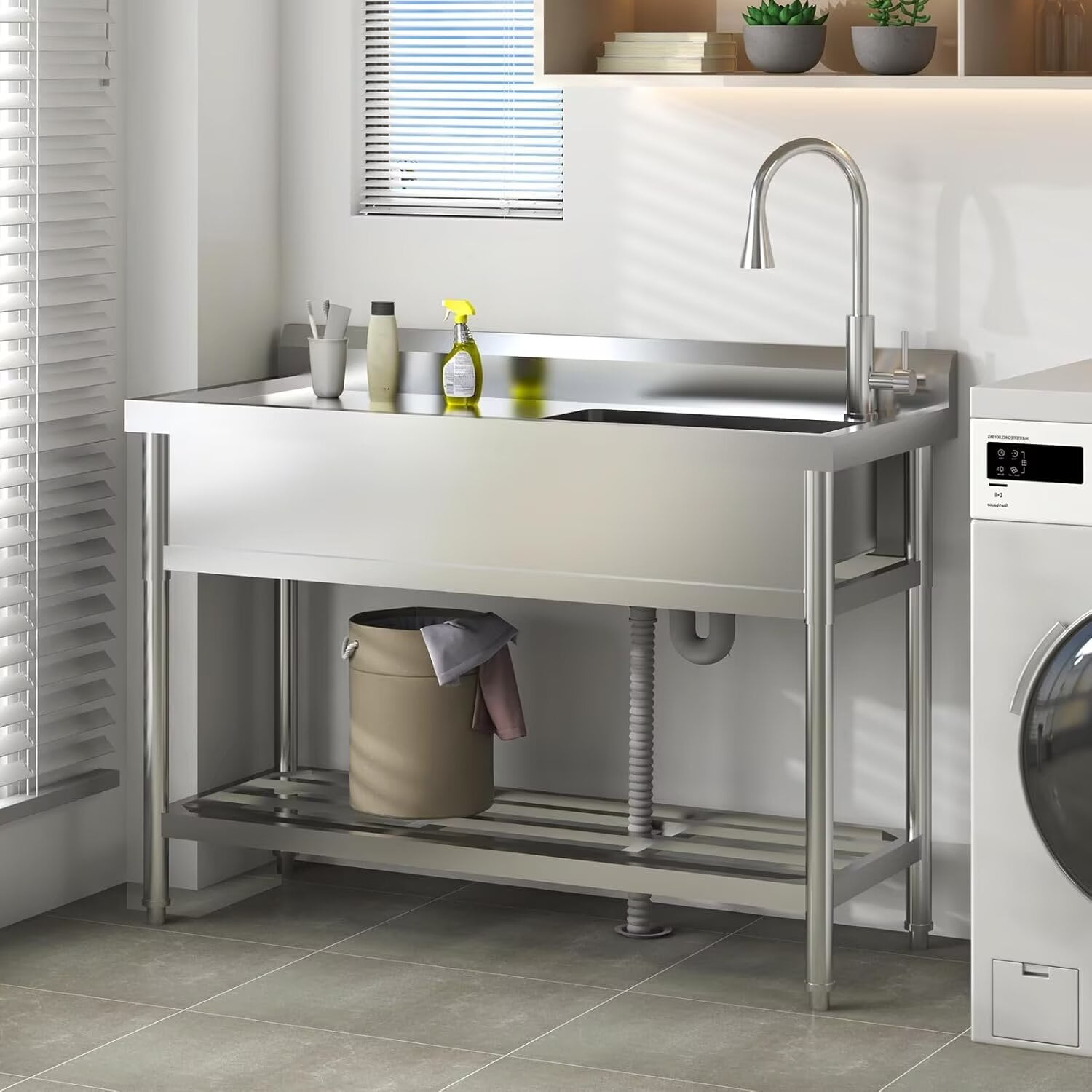 BENESKY 47 inch Stainless Steel Utility Sink, Commercial Kitchen Single Bowl Sink with Cold and Hot Water Faucet, Hoses and Drain Kit, Stainless Utility Sink for Kitchens, Bathrooms