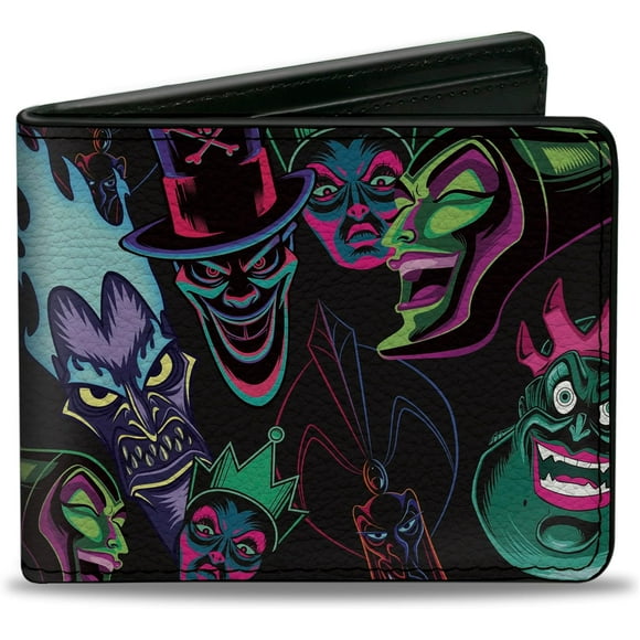 TRAHOO-Men's Wallet, Bifold, Disney Villain Faces Collage Black Multi Neon, Vegan Leather, 4.0" x 3.5", Disney's Villains, 4.0" x 3.5", Disney Wallet, Bifold, Disney Villain Faces Collage Black Multi