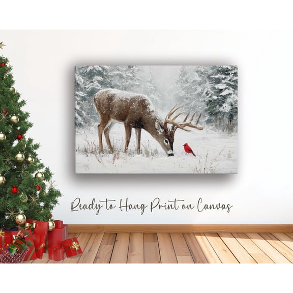 Deer And Cardinal In Snow On Print Poster, Ready To Hang Winter Decor, Cozy , Farmhousewall Art Poster, Over Mantel Art Warm Present Vintage UNFRAMED Poster Size 8x12
