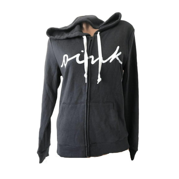 Victoria's Secret Pink Perfect Full Zip Hoodie Sweatshirt Black Mini Script Logo Size Small NWT