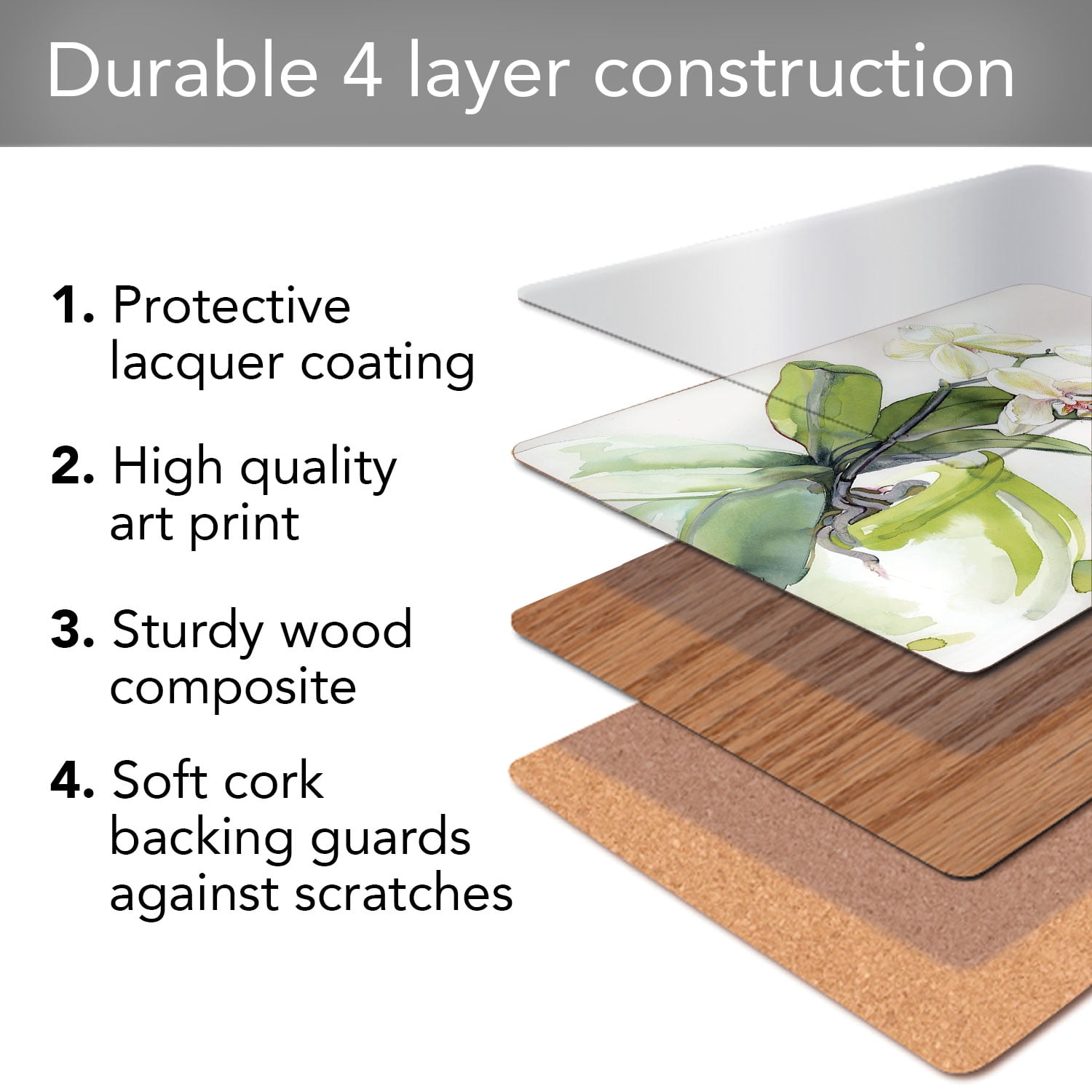 Cala Home "White Orchid" Premium Decorative Hardboard Cork Back Tabletop Placemats 4 Pack