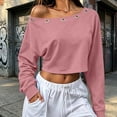 thumbnail image 5 of Women's Off Shoulder Crop Top Grommet Detail Long Sleeve Casual Pullover Sweatshirt, 5 of 9