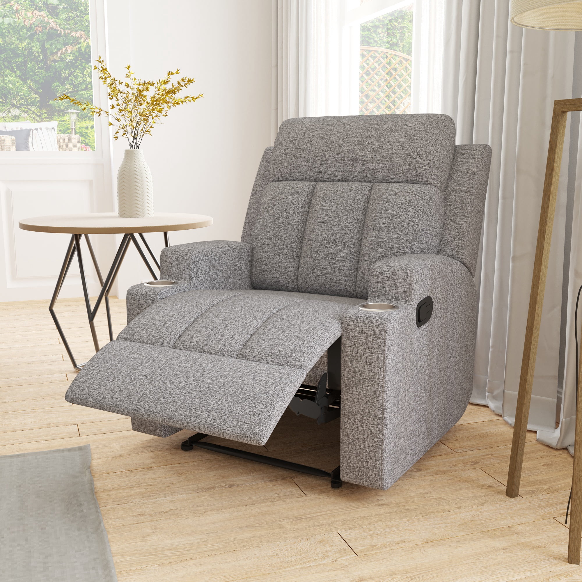 Ottomanson Prada Polyester Manual Recliner Chair with Cupholders and Footrest, Gray