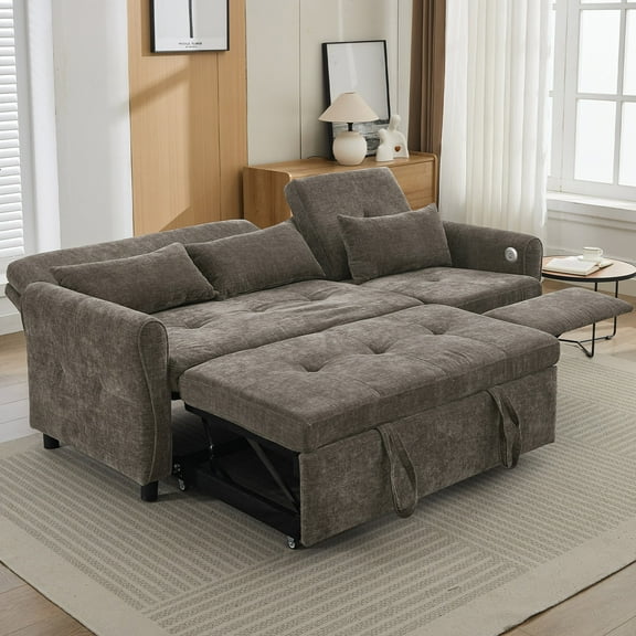 82" Upholstered Sofa with Pull-Out Sofa Bed, Adjustable Backrest, Reversible Recliner, Dual USB Ports and 3 Pillows