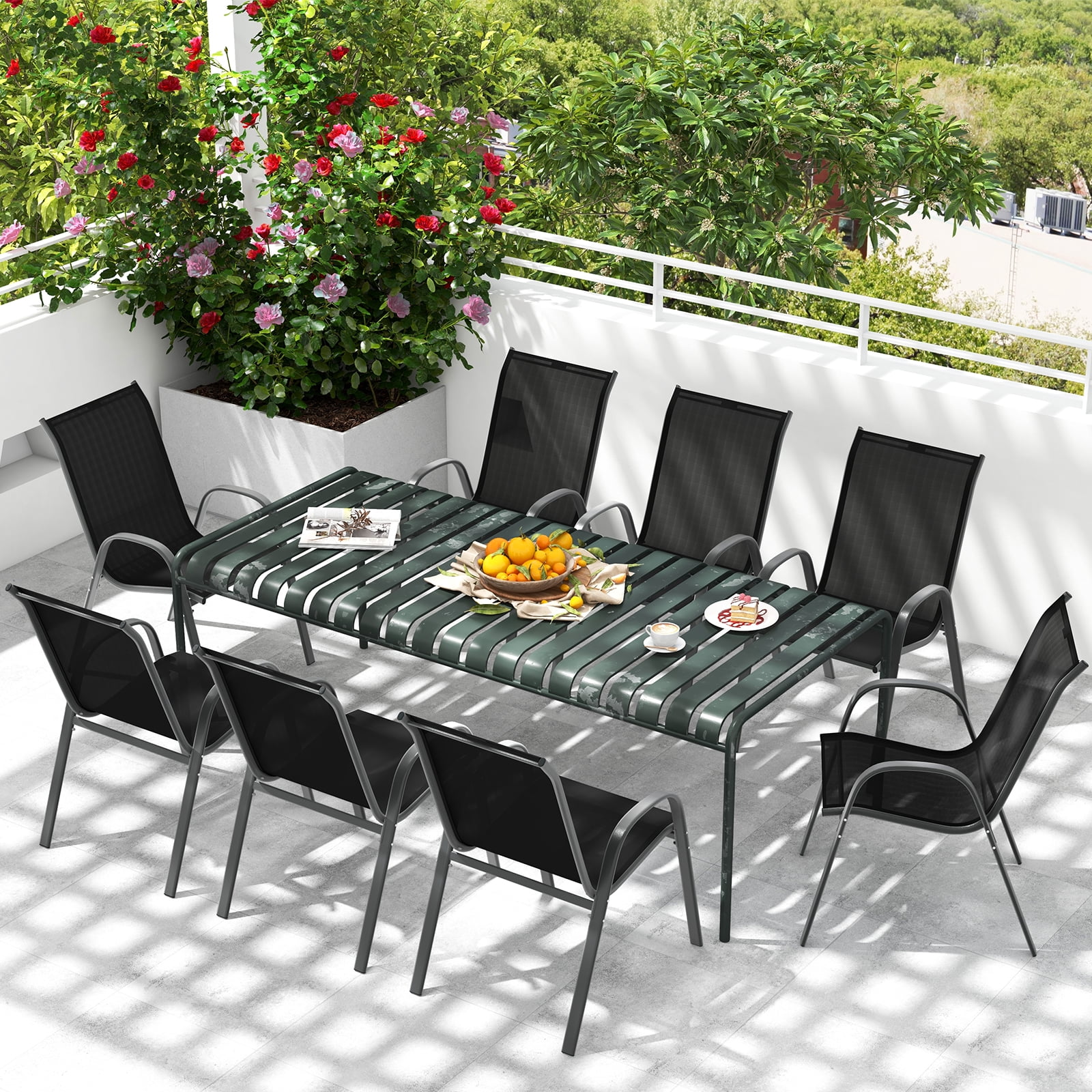 Costway 2PCS Patio Dining Chairs Stackable Armrest Space Saving Garden, Black