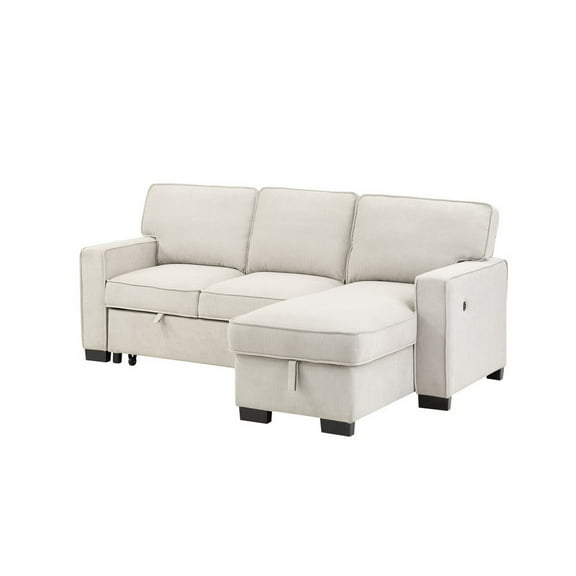 Benjara Joanne 87 Inch Sleeper Sectional Sofa with Storage Chaise, Beige Fabric