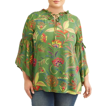 Ruffle Neck Wrap - Women's Plus Size Keyhole Closure Top with Ruffle Neck and Angel Sleeves