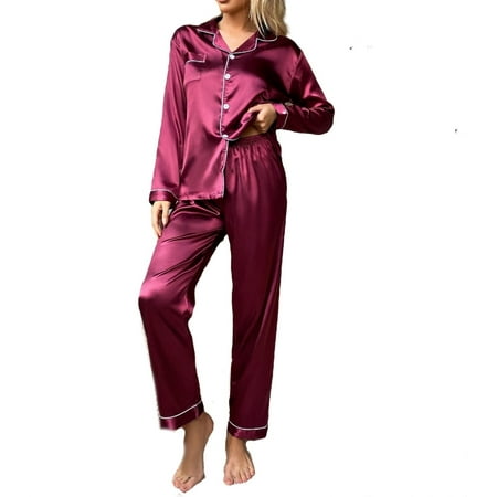 

Womens Pajama Sets Button Front Collar Sleepwear Red Violet XXL