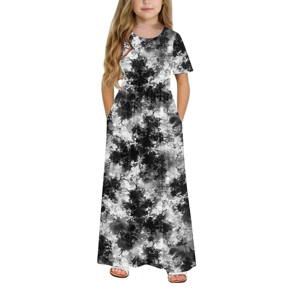 ATOGUTA Girls Twirl Dresses Short Sleeve Floral Print Loose Casual Long Maxi Dress with Pockets Black, Size 4-14 Years