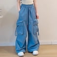 thumbnail image 2 of SJLDQY Girls Cargo Pants Casual Elastic Waist Drawstring Baggy Pants for Girls Solid Color Wide Leg Trousers with Pockets, 2 of 9