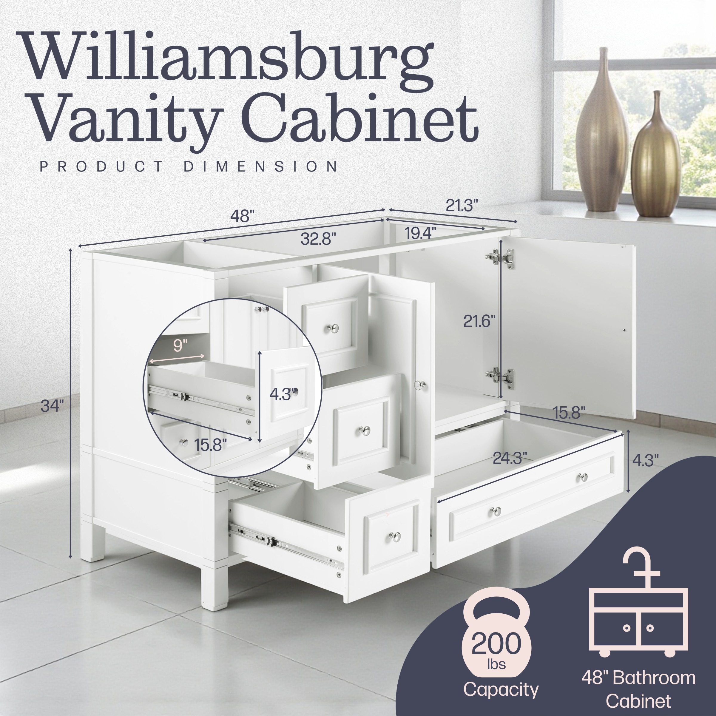 Alaterre Furniture 48in Wood Bathroom Vanity with Soft-Close Doors, White