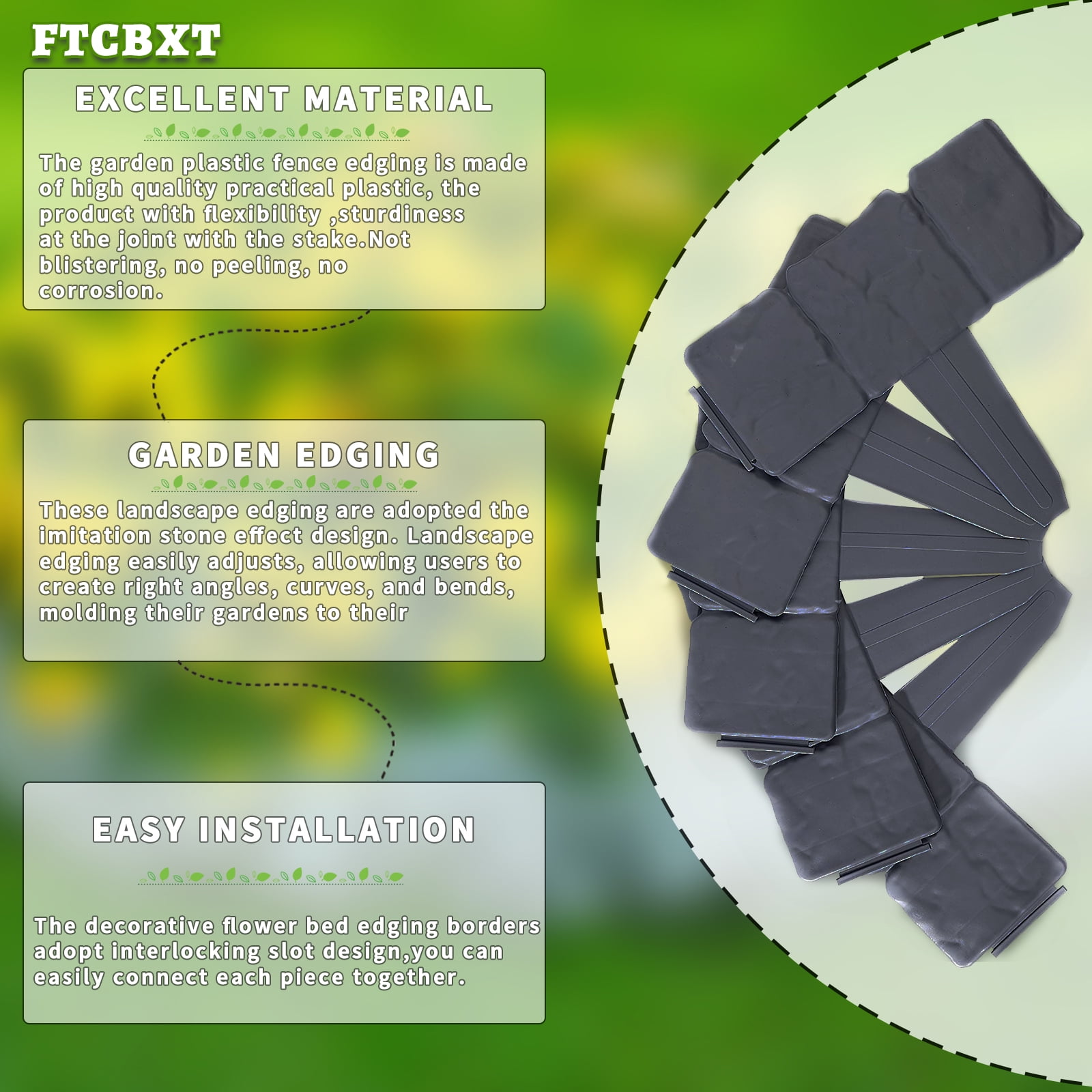 FTCBXT Edging for Landscaping,Landscape Edging Border, 24 Ft Plastic Garden Edging Border, Imitation Stone Fence for DIY Outdoor Yard Landscaping (30 Pcs, Black)