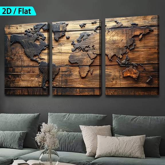 2D Flat, [2D/Flat Print] Framed Canvas Painting And Poster, Ready to Hanging, Retro-Style World Map Land Art, Home Decor, Wall Art, Room Decoration, Holiday Gift, Living Room, Bedroom, Dining Room