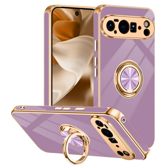 Allytechgroup For Google Pixel 10 / 10 Pro Case, Ring Holder Kickstand Magnetic Back Cover Support Car Mount Bumper Shockproof Anti-Scratch Phone Case for Google Pixel 10 / 10 Pro, Lightpurple